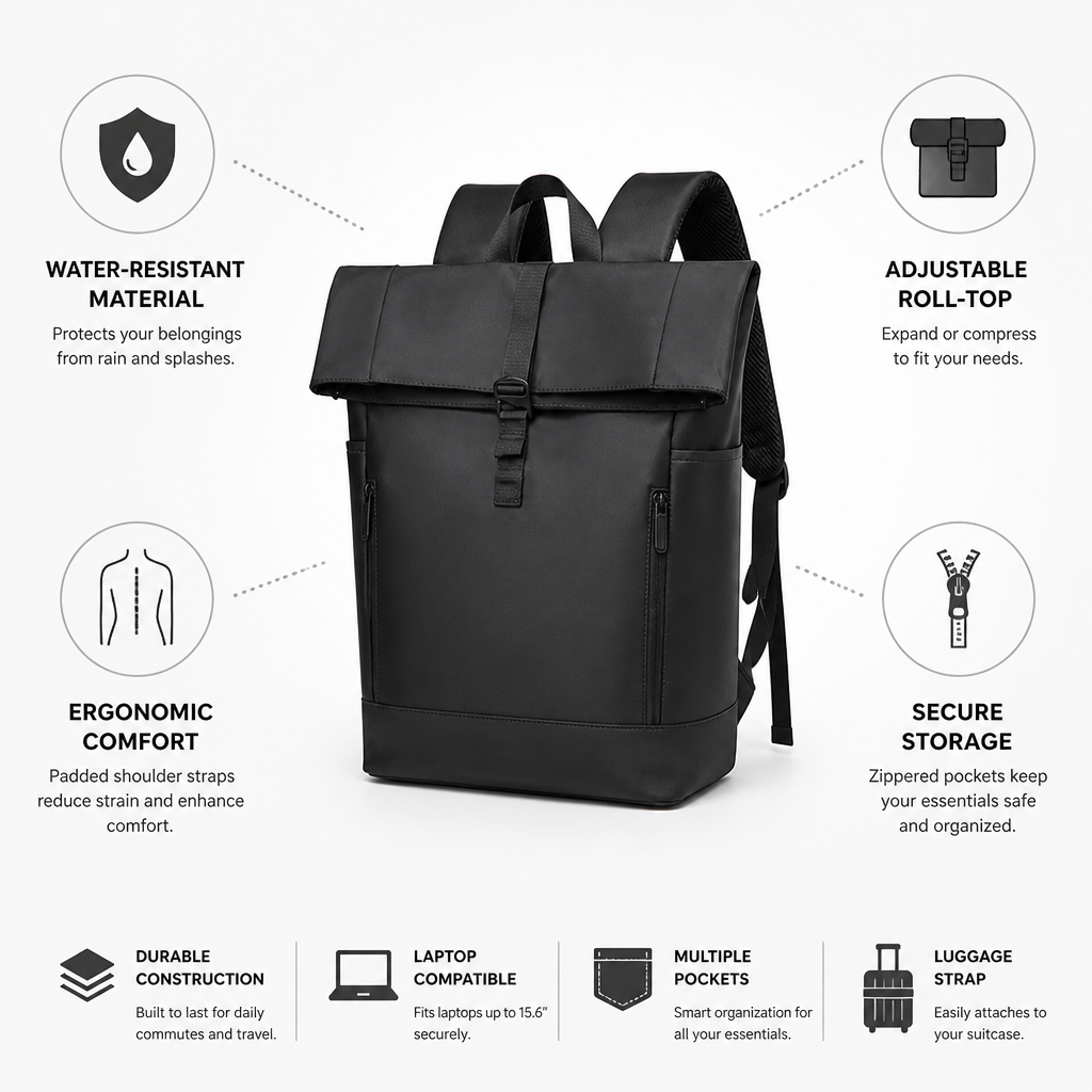 Water-Resistant Roll-Top Backpack (Ergonomic Padded Straps)