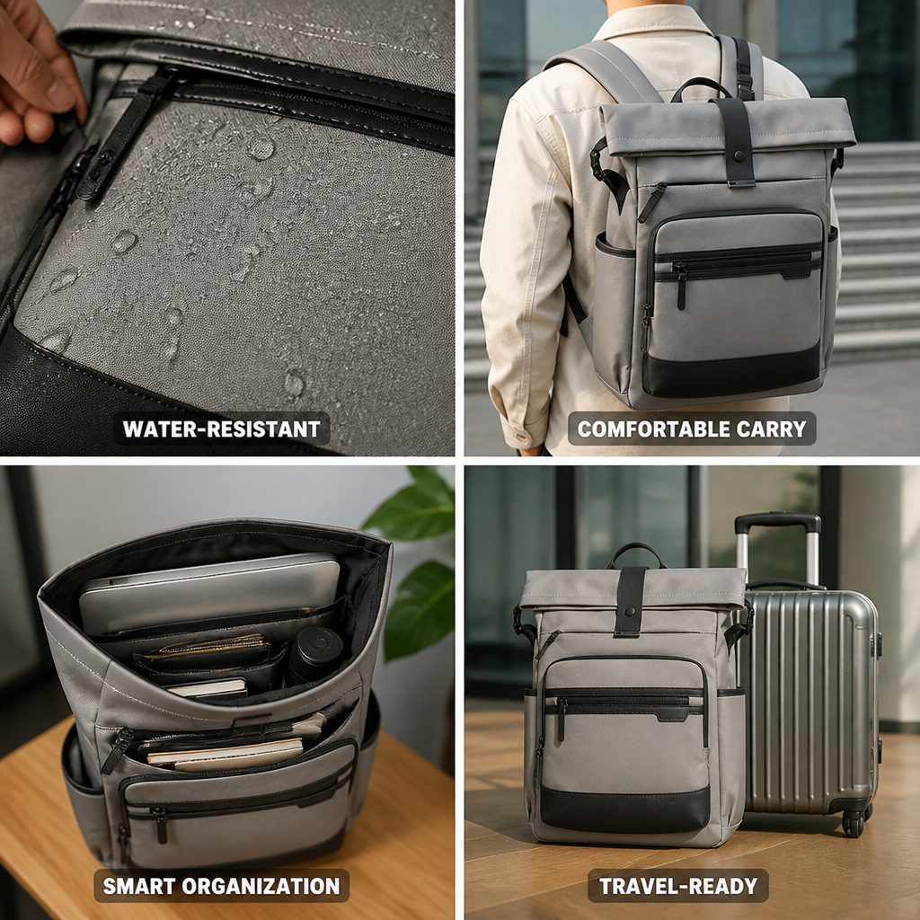 Water-Resistant Roll-Top Travel Backpack