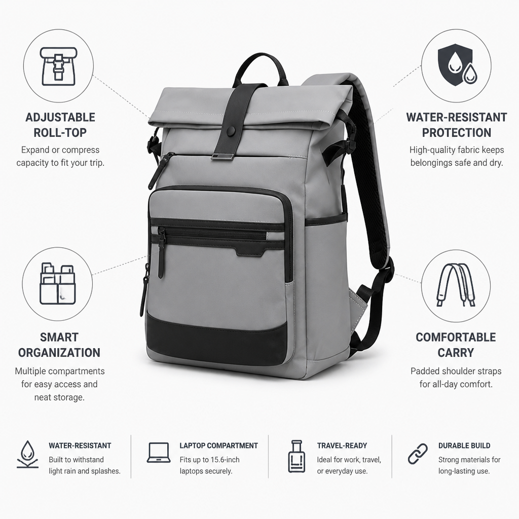 Water-Resistant Roll-Top Travel Backpack