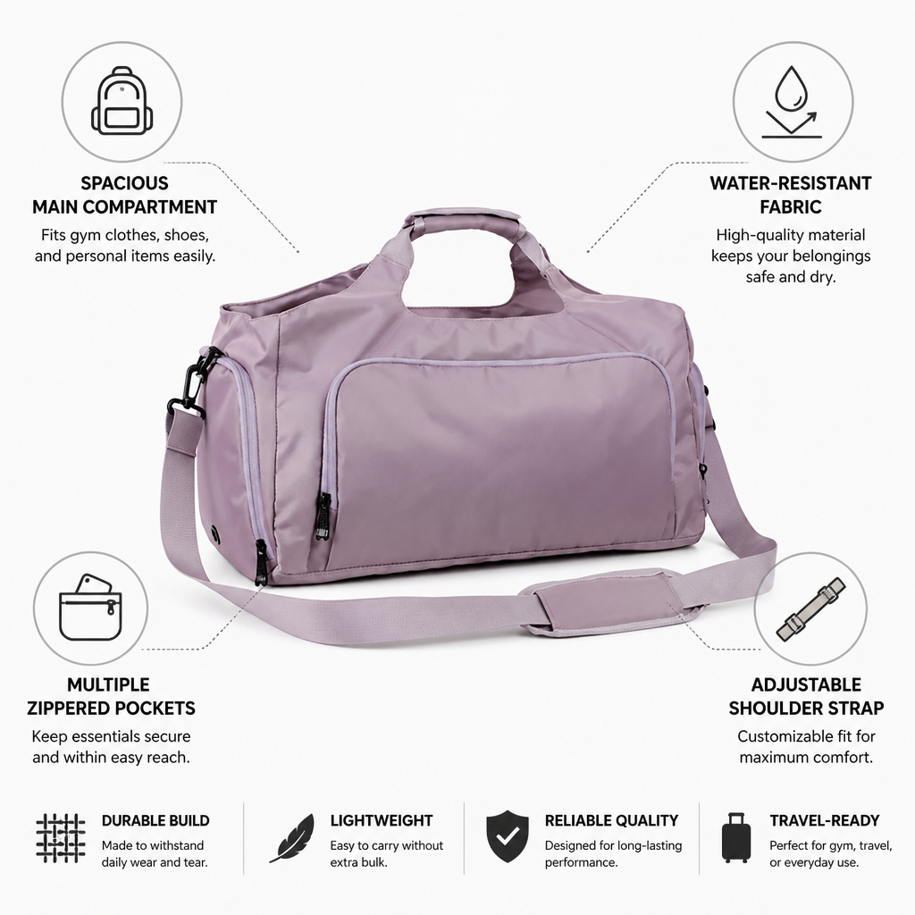 Water-Resistant Spacious Duffel Bag (Adjustable Strap & Zippered Pockets)