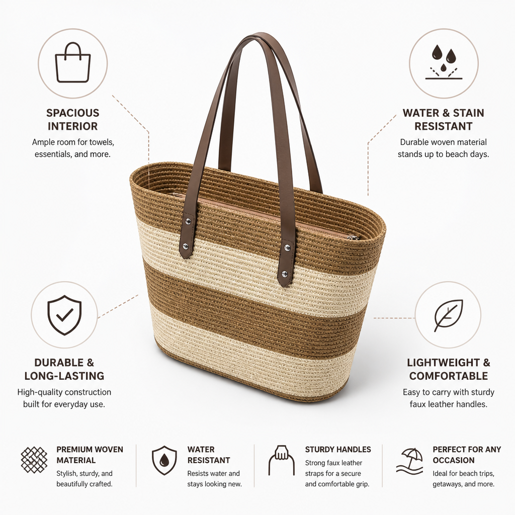 Water-Resistant Striped Woven Beach Tote