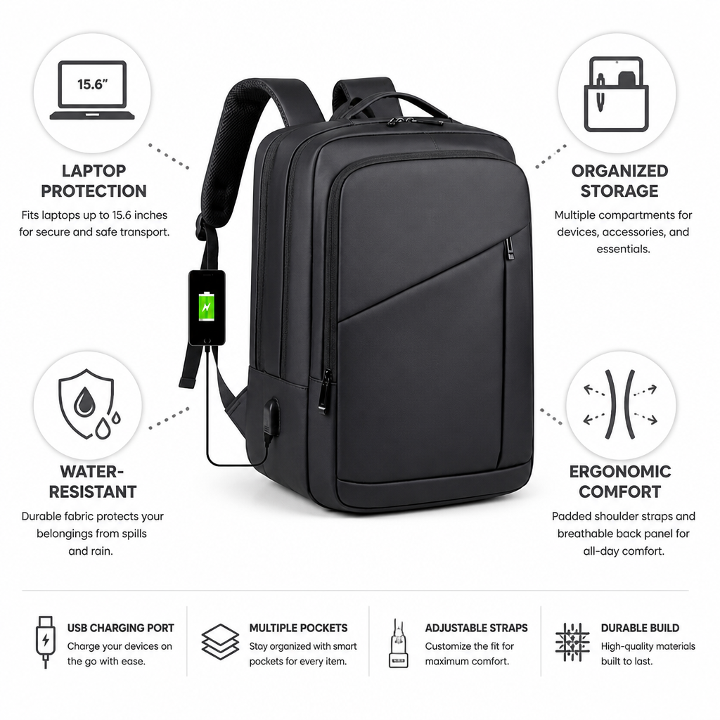 Water-Resistant USB Charging Laptop Backpack (Fits 15.6-Inch)