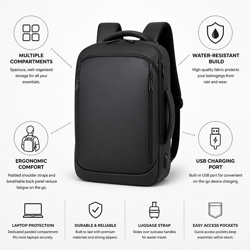 Water-Resistant USB Charging Padded Laptop Backpack