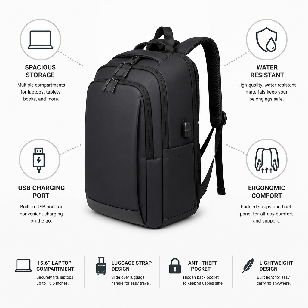 Water-Resistant USB Charging Travel Backpack