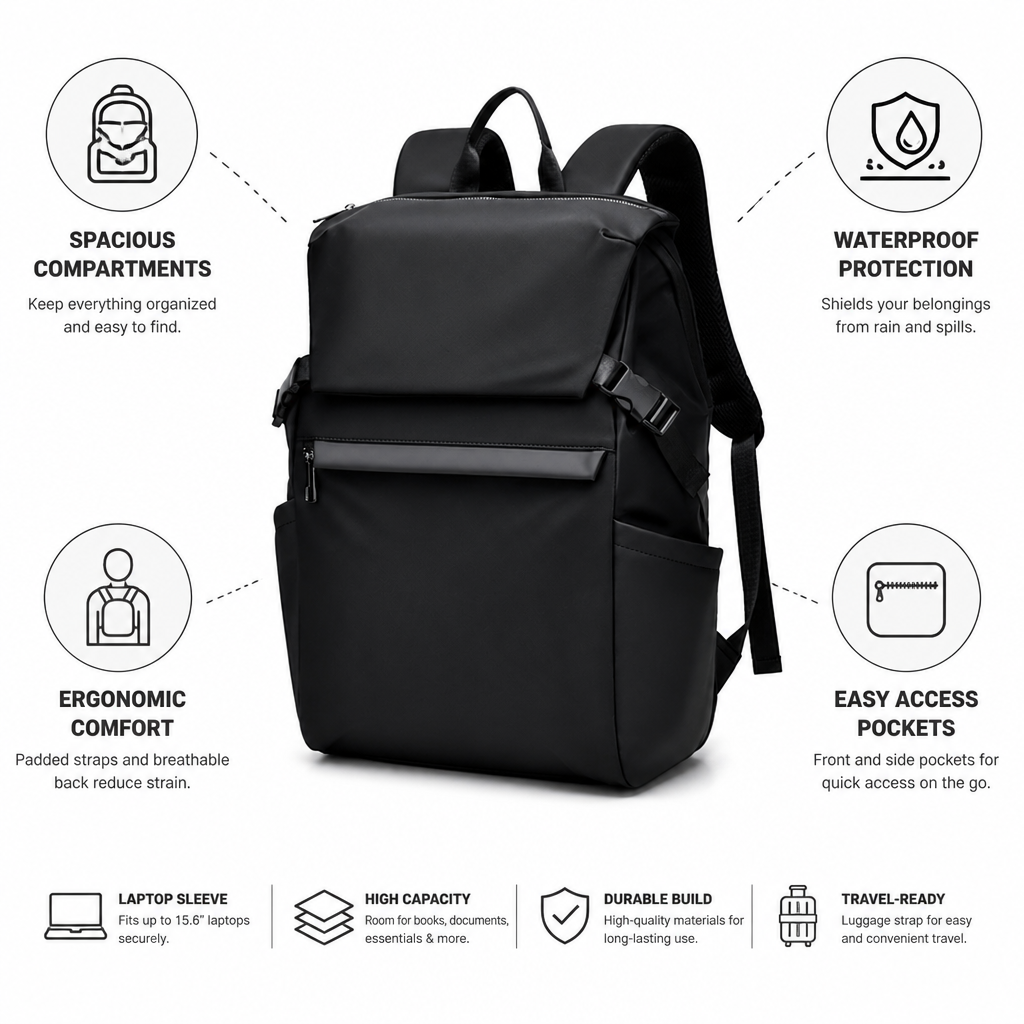 Waterproof High-Capacity Travel Backpack With Laptop Sleeve