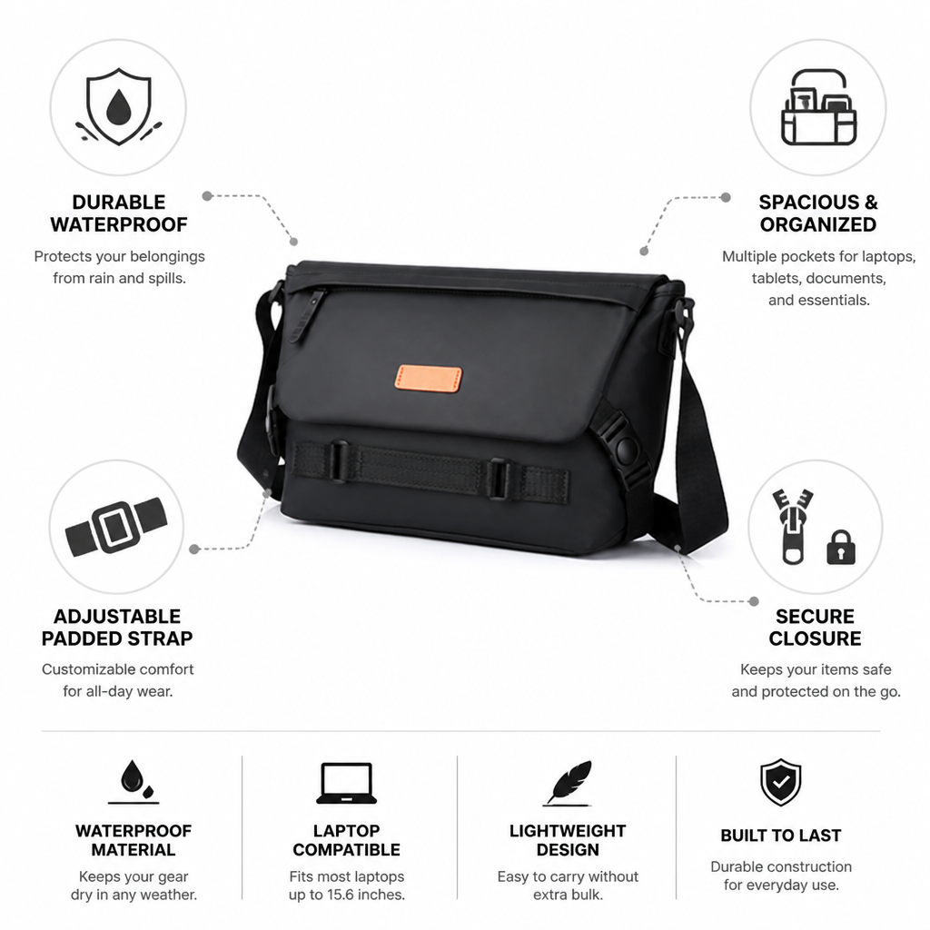 Waterproof Laptop Messenger Bag (Padded Adjustable Strap)