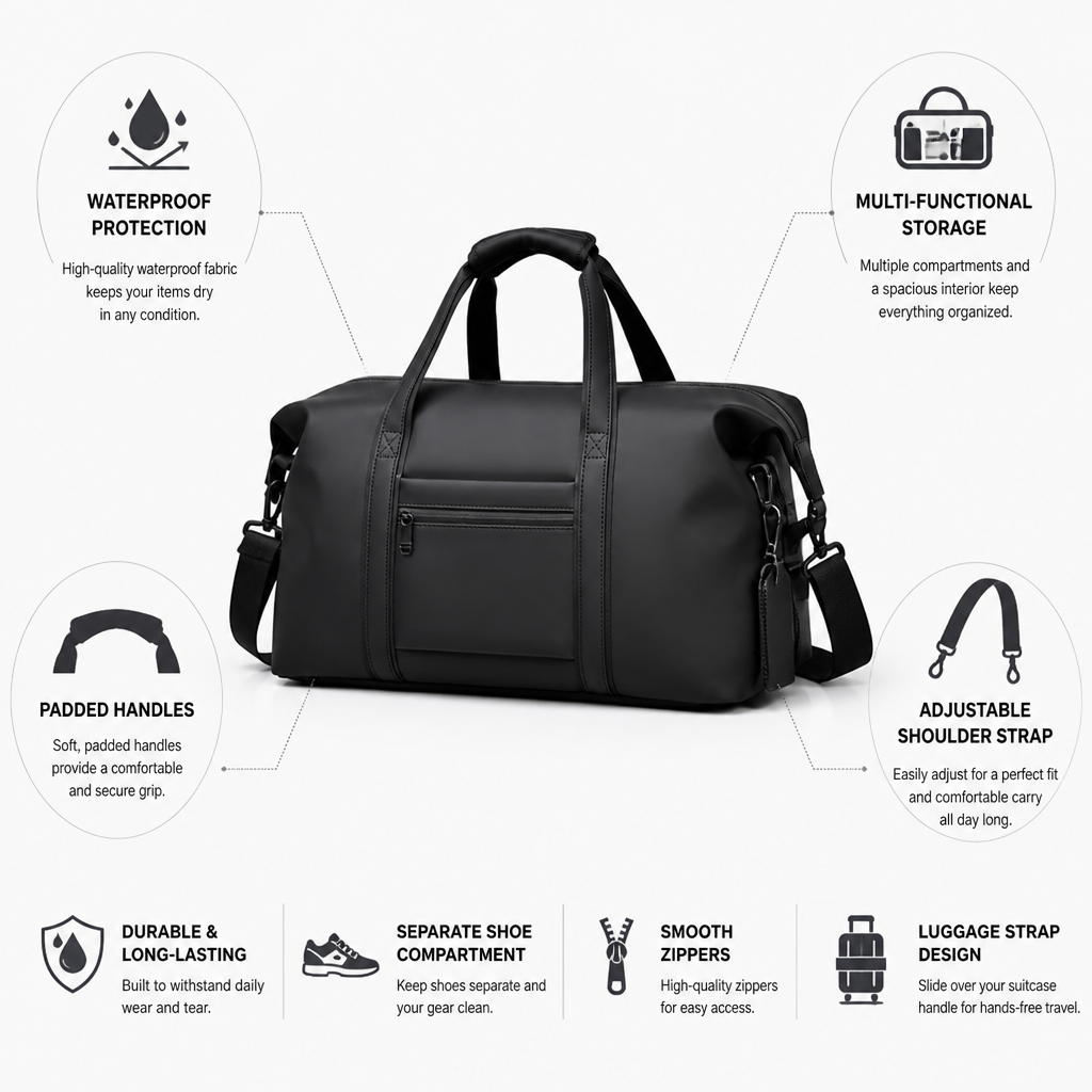 Waterproof Multi-Compartment Duffel Bag (Padded Handles & Adjustable Strap)