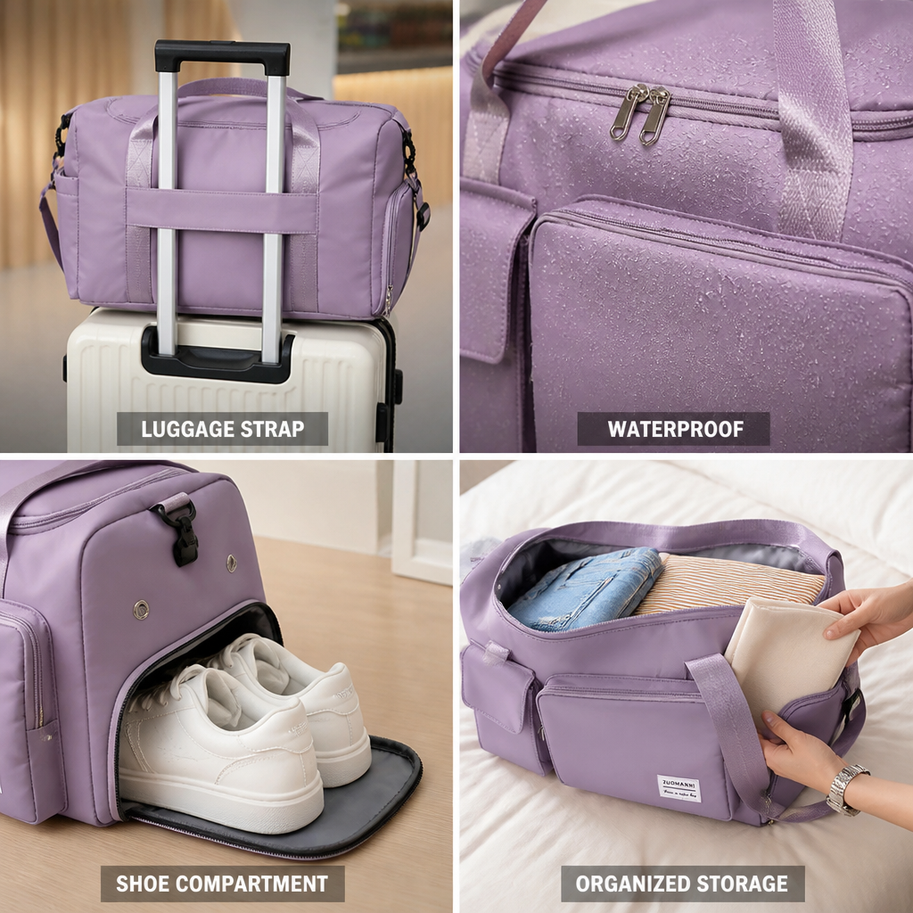 Waterproof Nylon Travel Bag With Shoe Compartment & Pockets