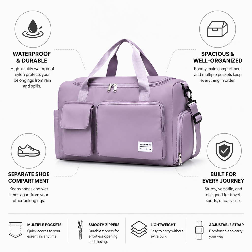 Waterproof Nylon Travel Bag With Shoe Compartment & Pockets