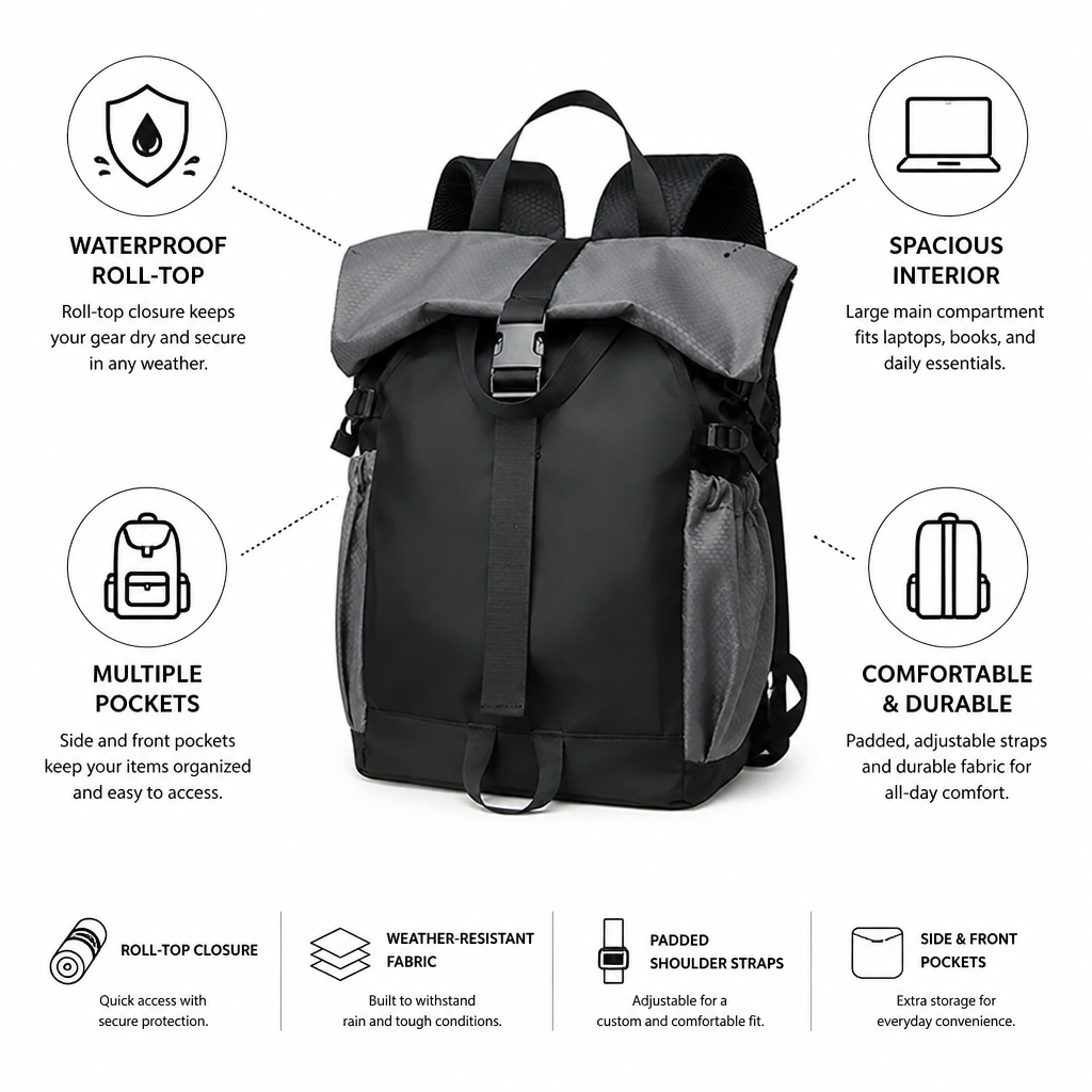 Waterproof Roll-Top Backpack (Padded Laptop Sleeve)