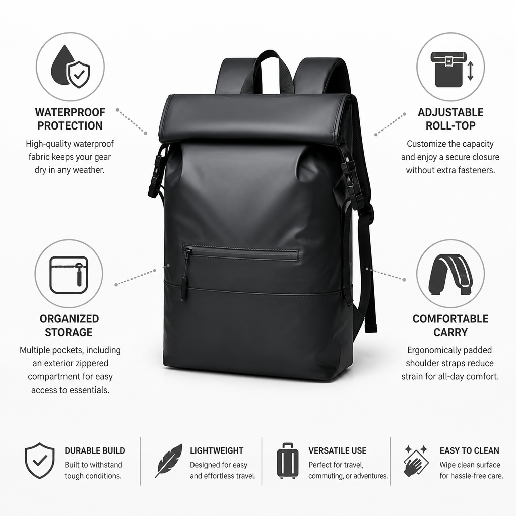 Waterproof Roll-Top Backpack (Padded Shoulder Straps)