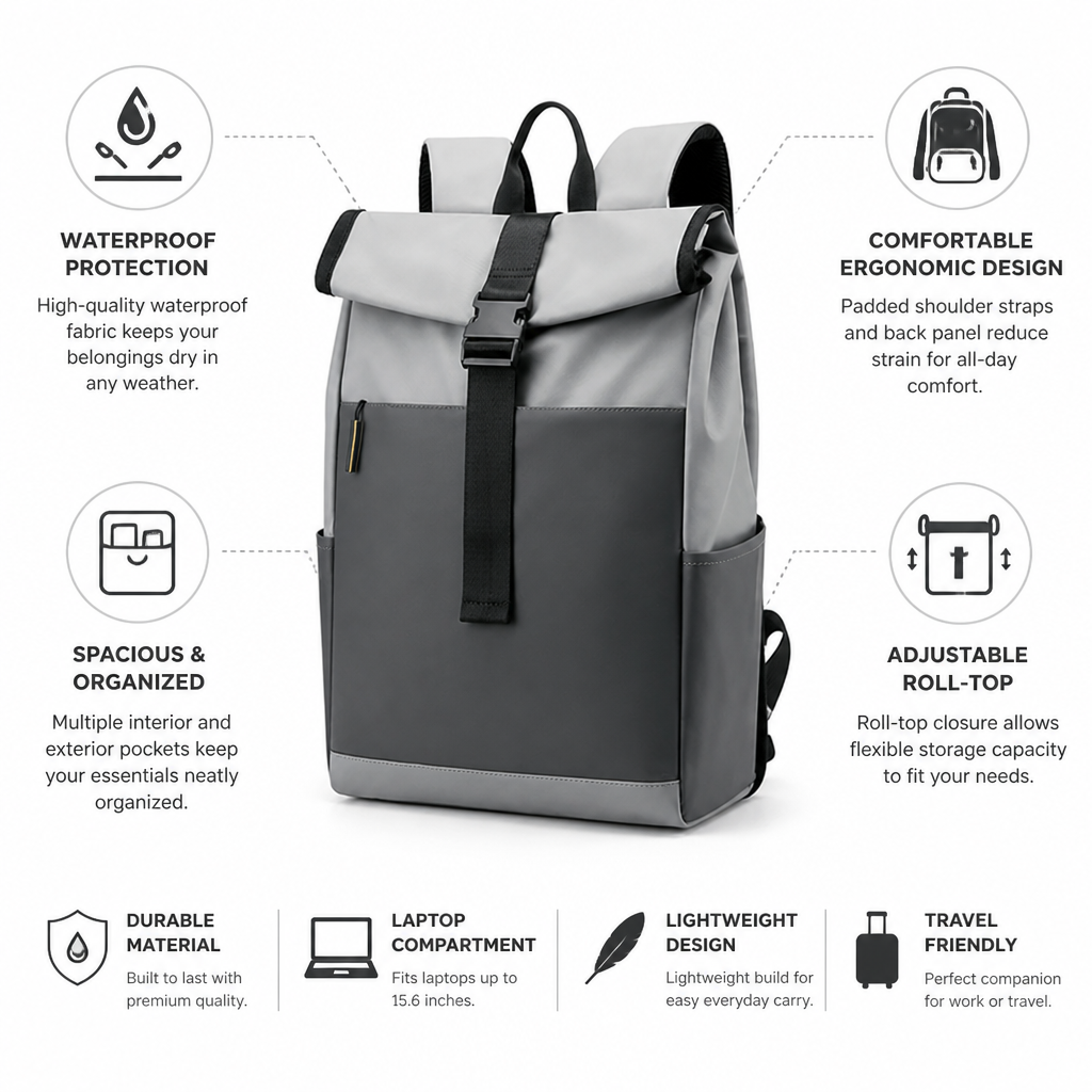 Waterproof Roll-Top Backpack (Padded Straps & Multiple Pockets)