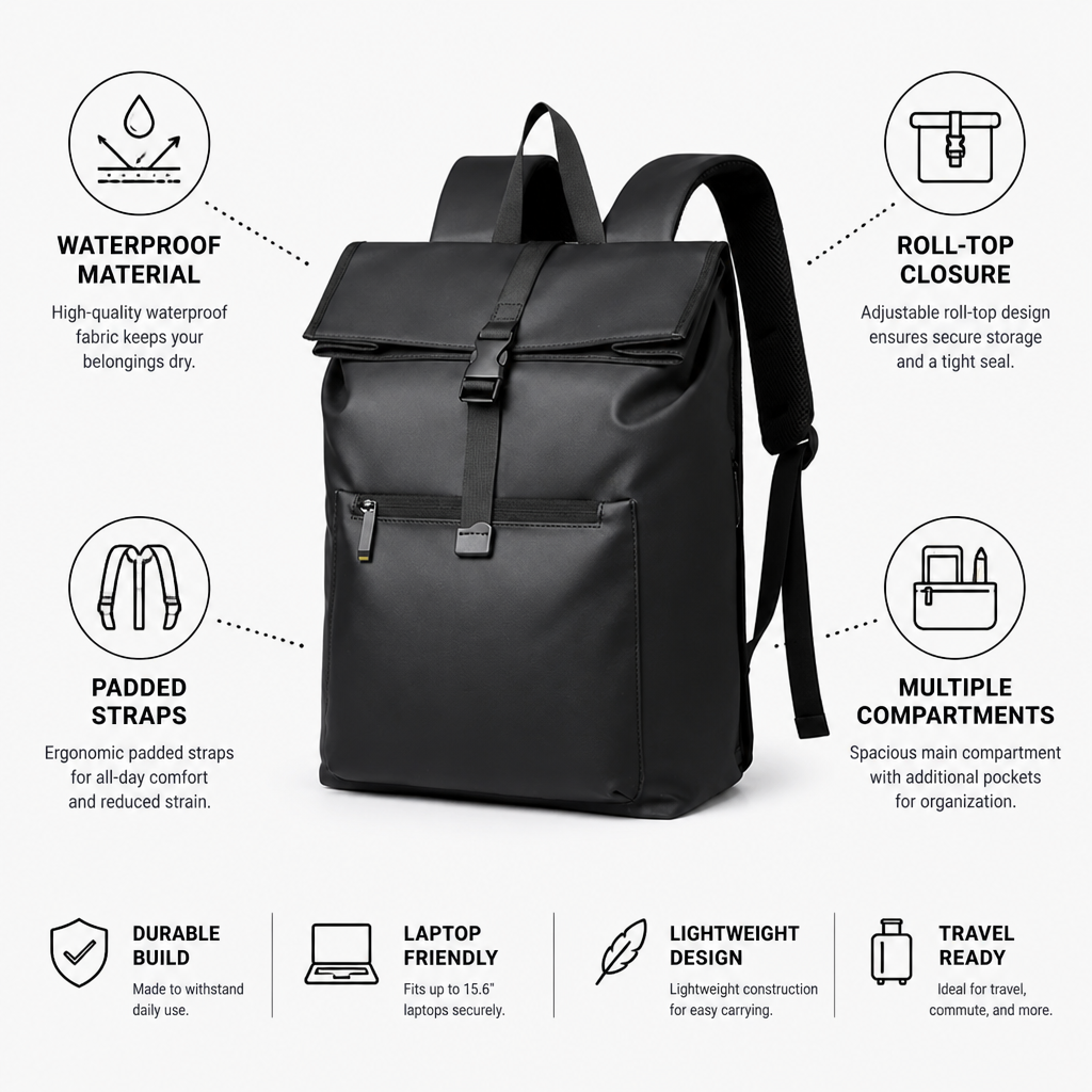 Waterproof Roll-Top Backpack with Padded Straps
