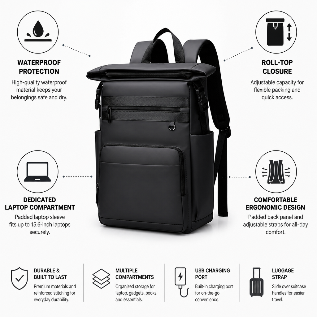 Waterproof Roll-Top Padded Laptop Backpack