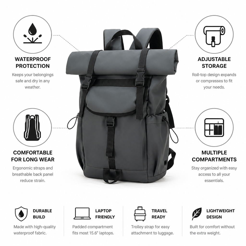 Waterproof Roll-Top Travel Backpack