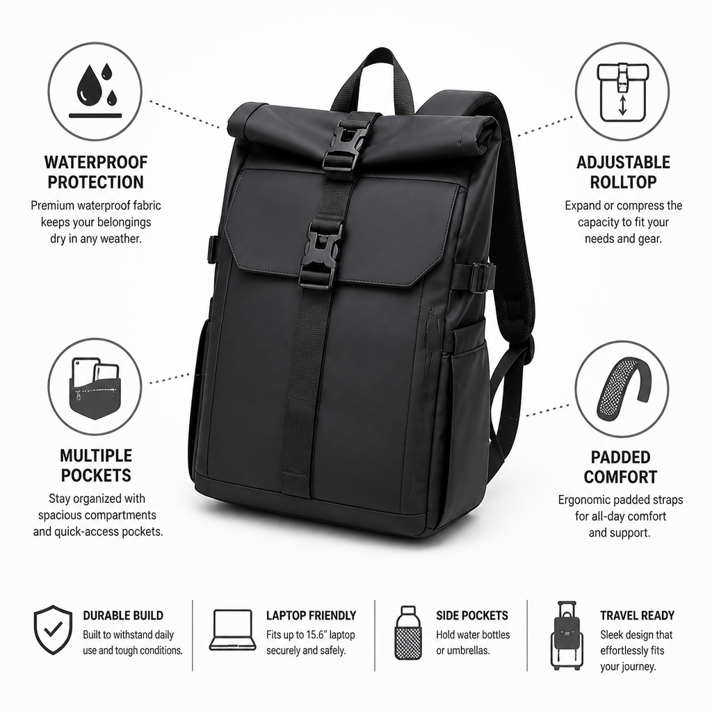 Waterproof Rolltop Backpack With Padded Straps & Multiple Pockets