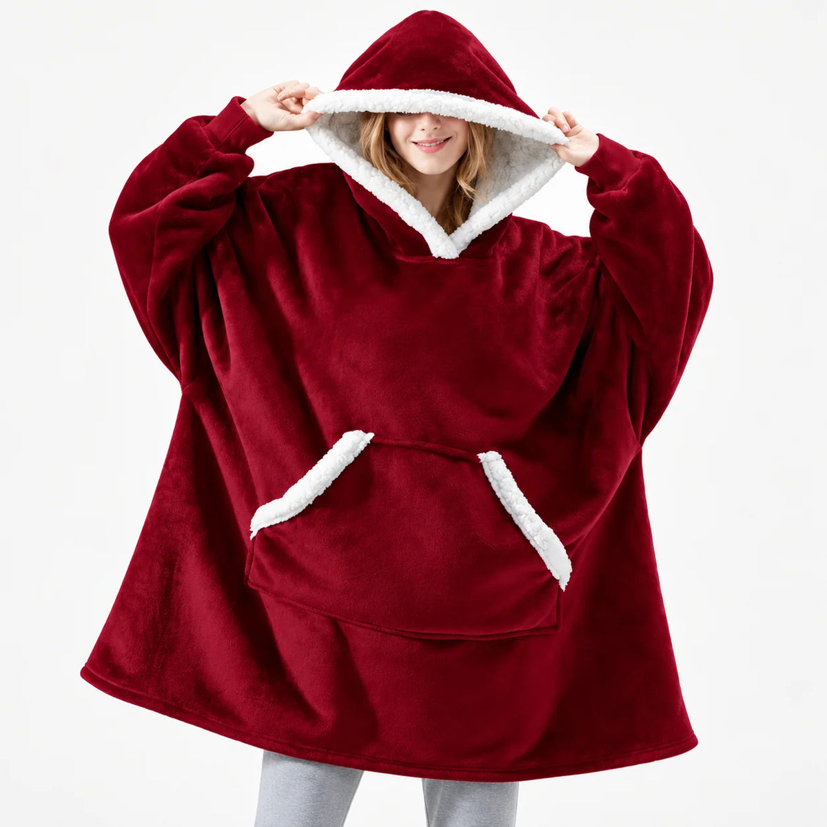 Wearable Blanket Hoodie Sherpa-Lined Oversized Plaid Pullover