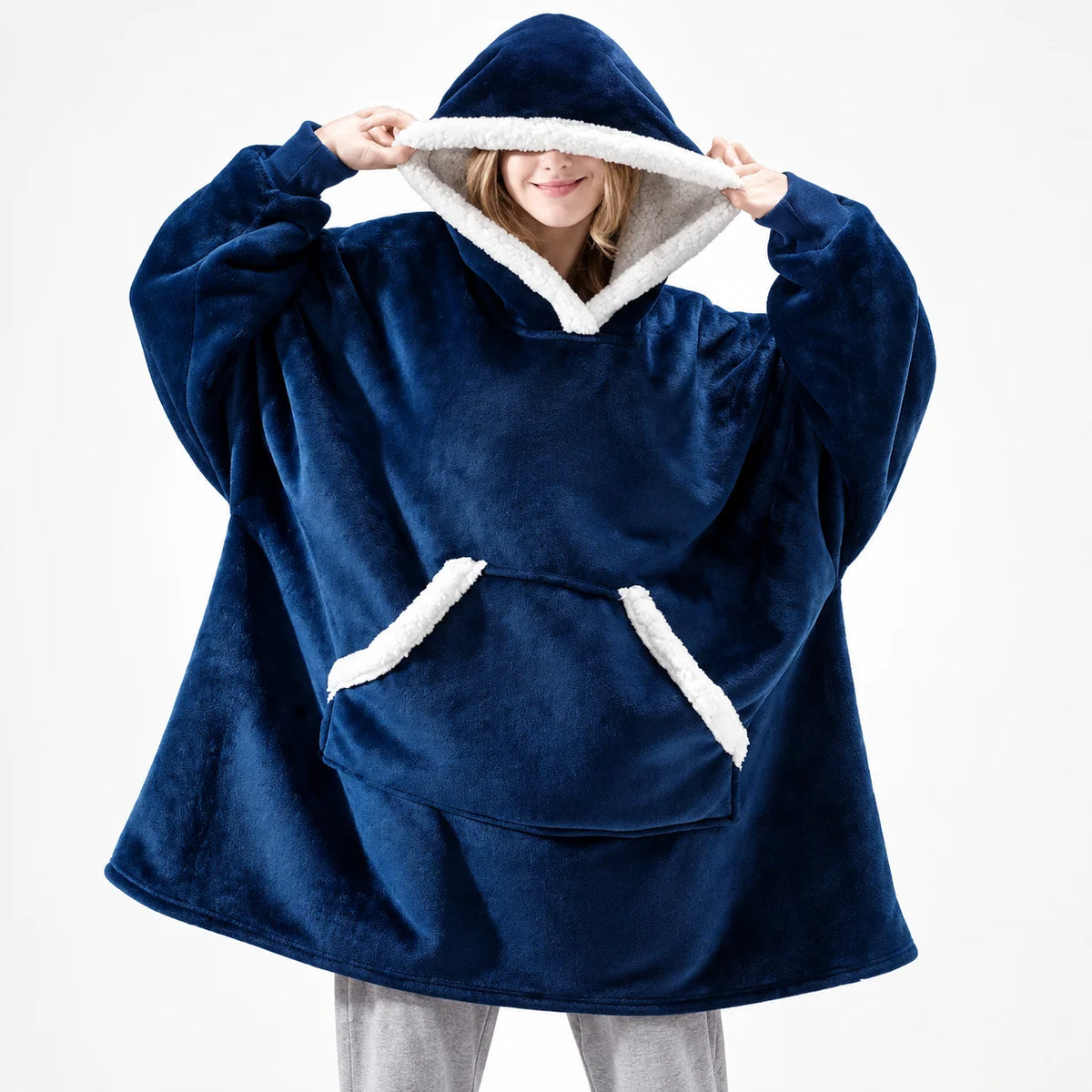 Wearable Blanket Hoodie Sherpa-Lined Oversized Plaid Pullover