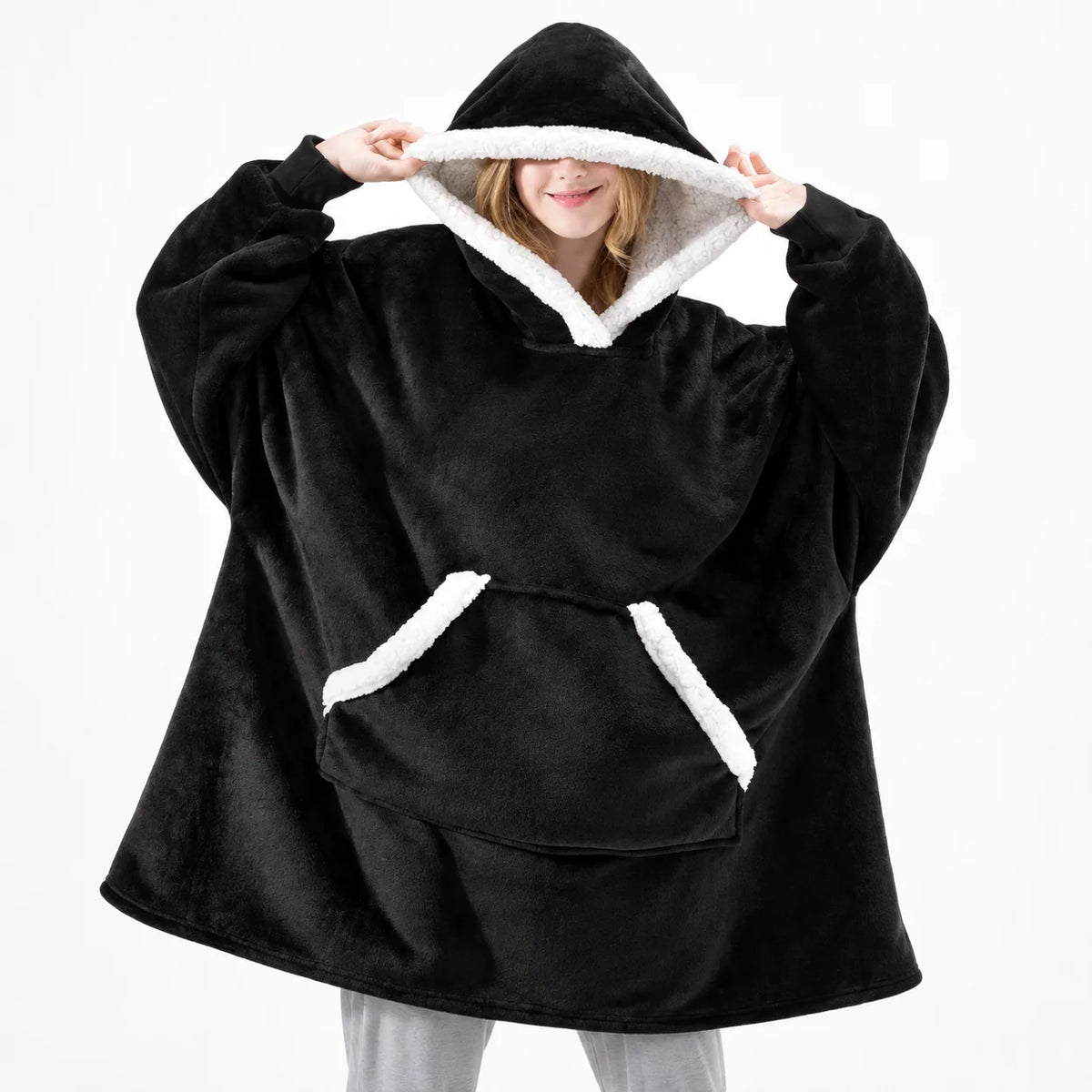 Wearable Blanket Hoodie Sherpa-Lined Oversized Plaid Pullover