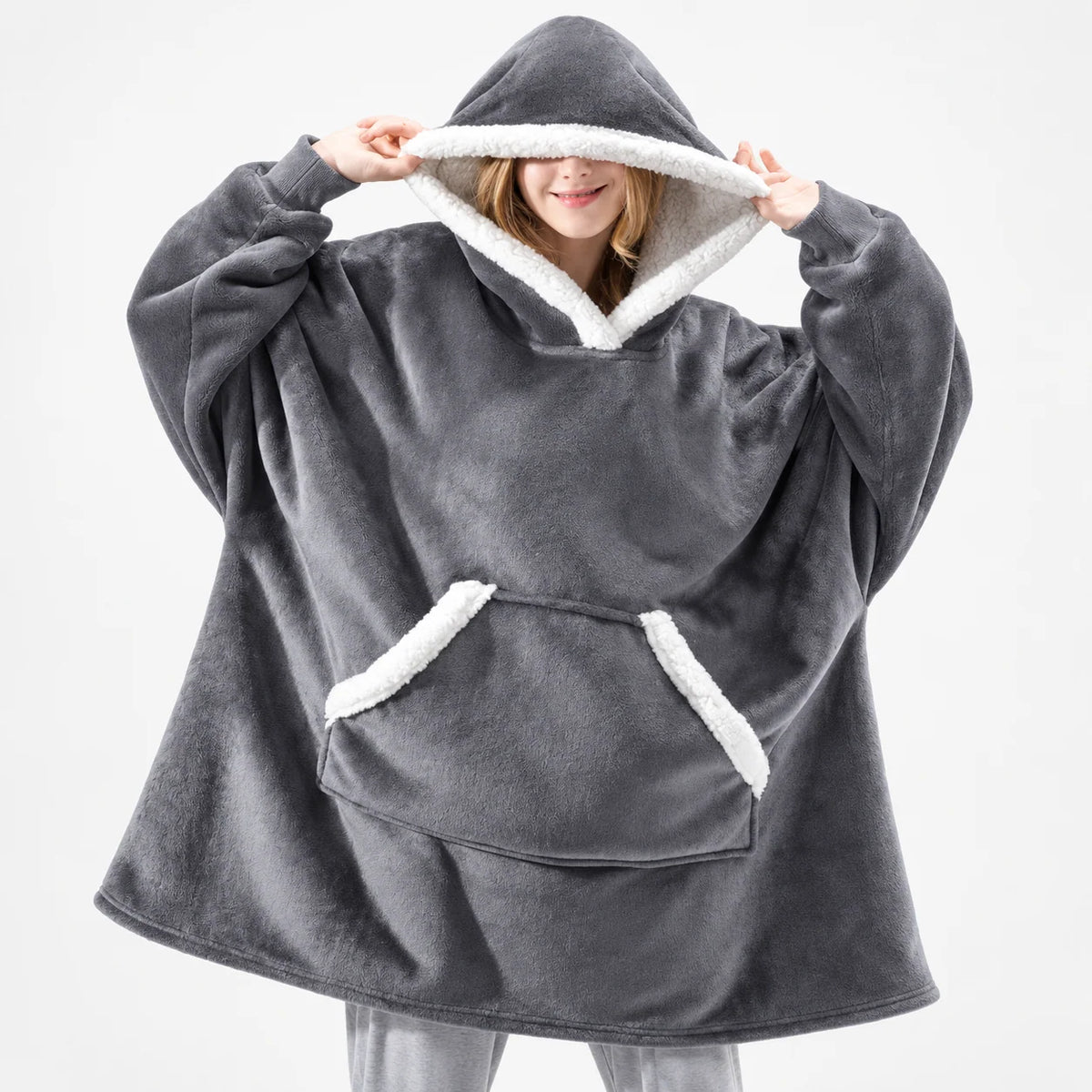 Wearable Blanket Hoodie Sherpa-Lined Oversized Plaid Pullover