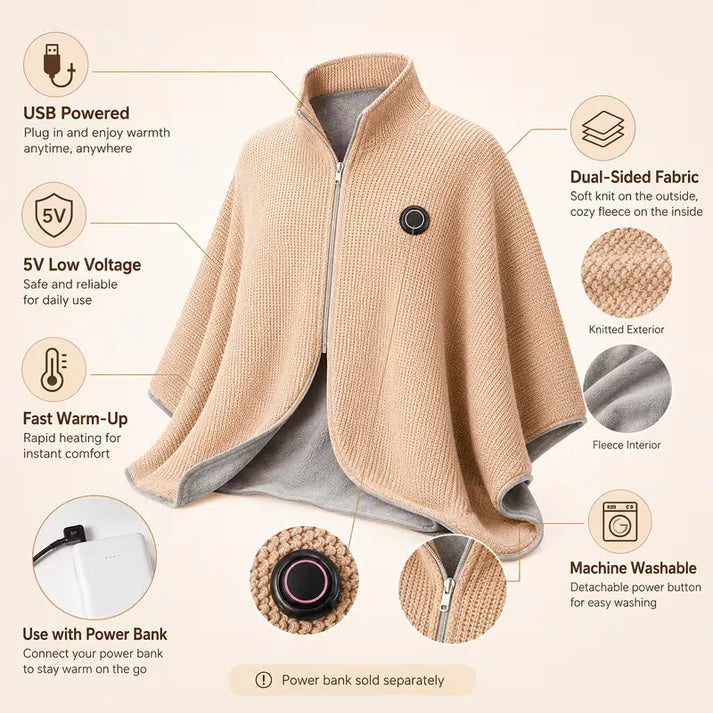 Wearable Heated Blanket Shawl USB-Powered Back & Shoulder Warmth