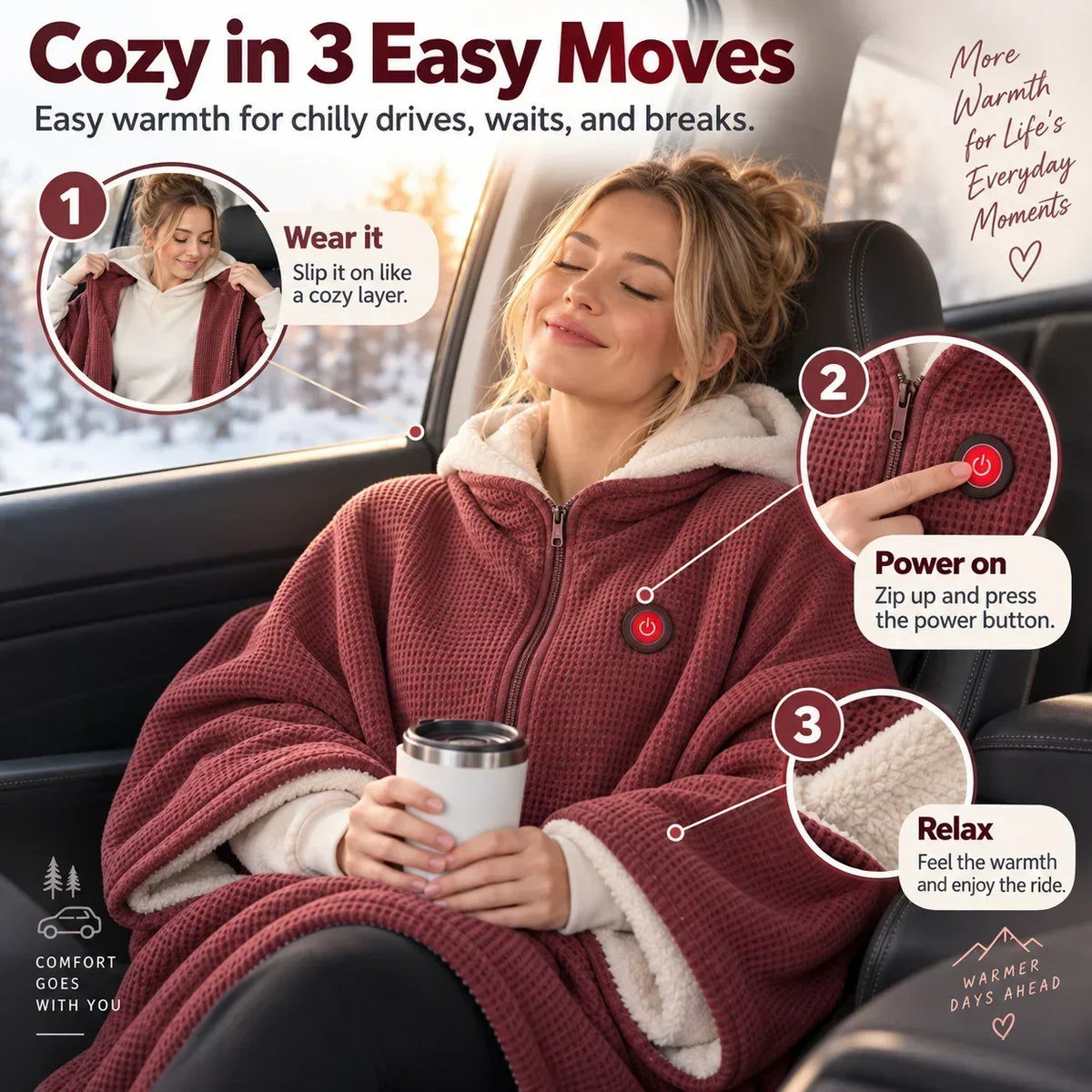 Wearable Heated Blanket USB-Powered 3 Heat Levels Hands-Free Design