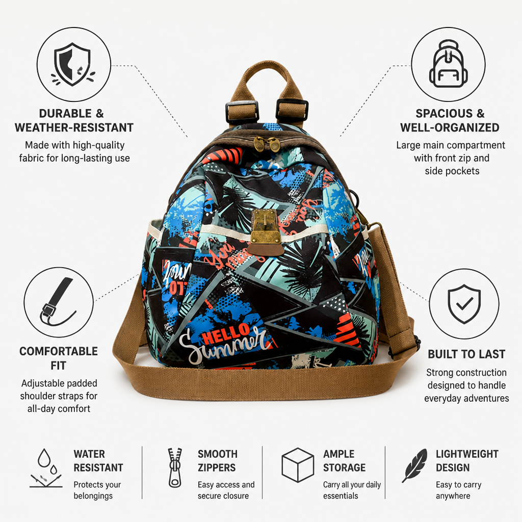 Weather-Resistant Graphic Print Backpack (Padded Straps)