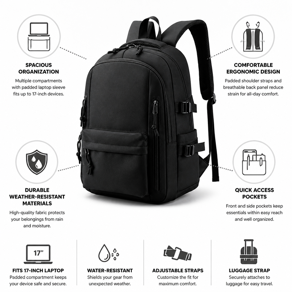 Weather-Resistant Padded Laptop Travel Backpack (Fits 17-Inch)