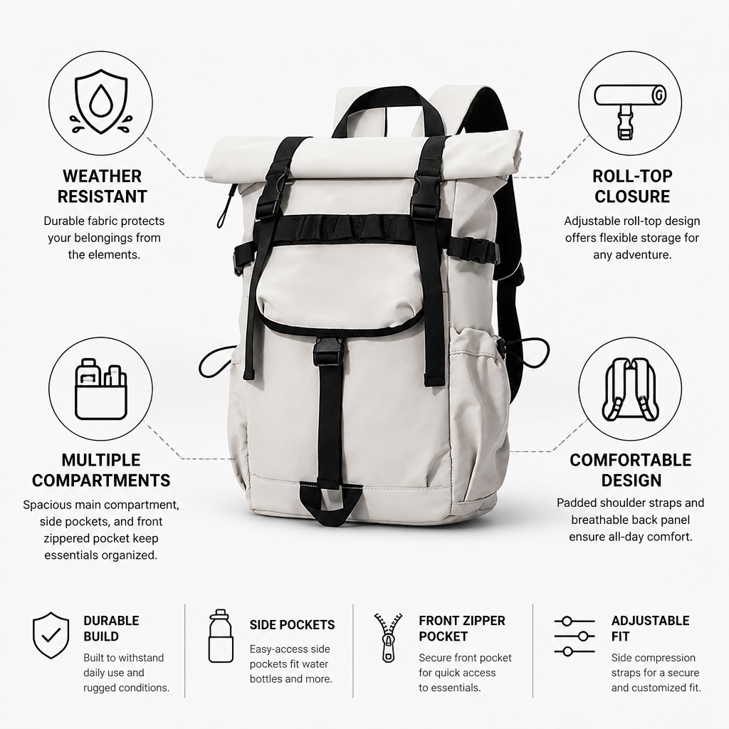 Weather-Resistant Roll-Top Backpack (Multiple Compartments)