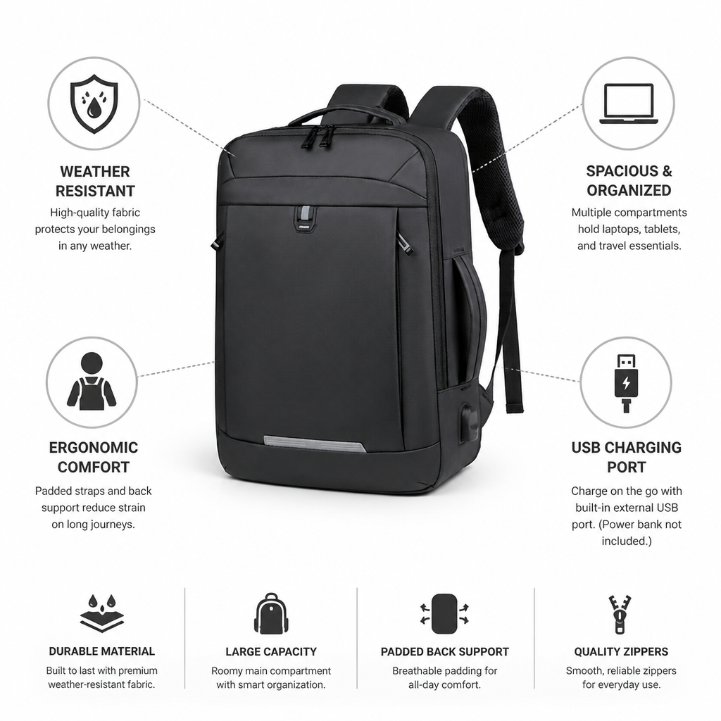 Weather-Resistant USB Charging Travel Backpack (Padded Laptop Compartment)