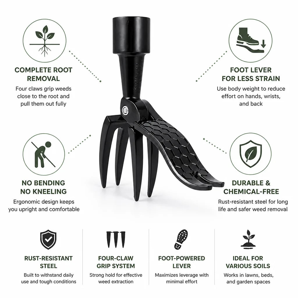 Weed Puller Four-Claw Grip & Foot Lever Rust-Resistant Steel
