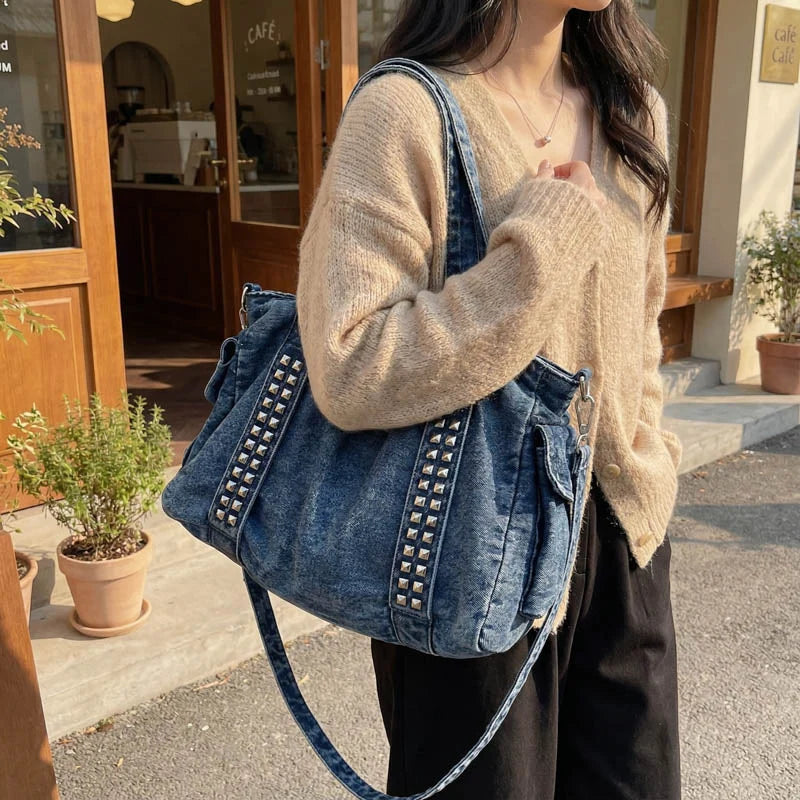 Weekender Bag Distressed Denim Spacious Interior Adjustable Strap