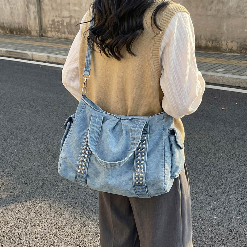 Weekender Bag Distressed Denim Spacious Interior Adjustable Strap