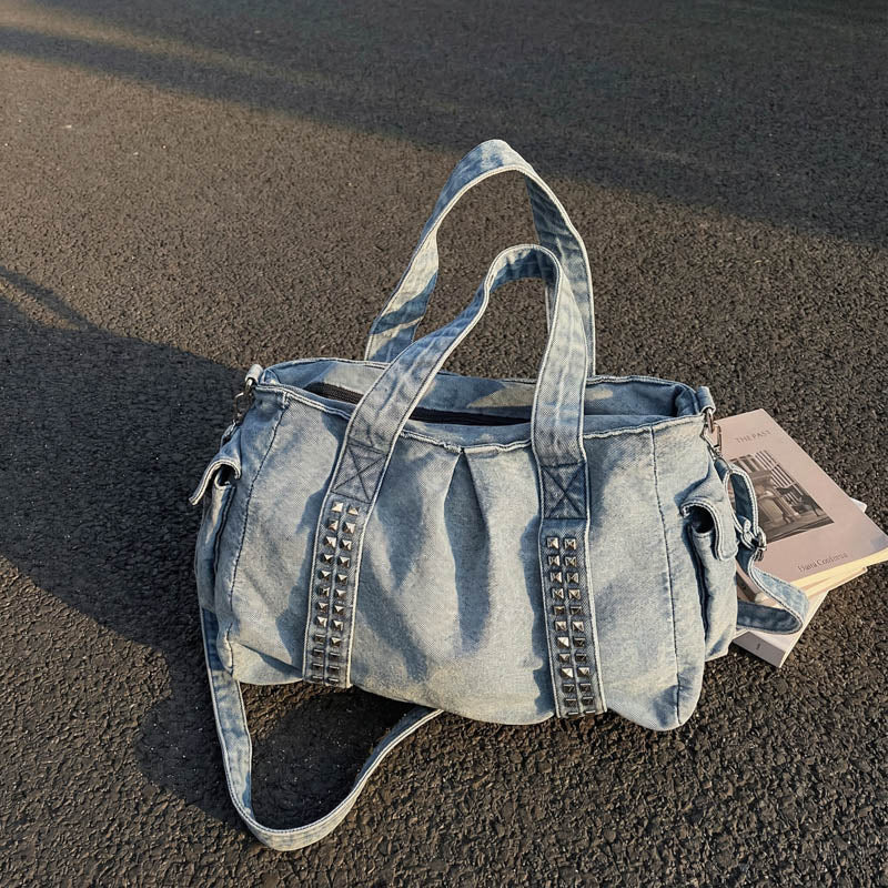 Weekender Bag Distressed Denim Spacious Interior Adjustable Strap