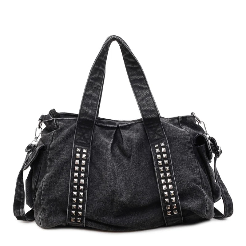 Weekender Bag Distressed Denim Spacious Interior Adjustable Strap