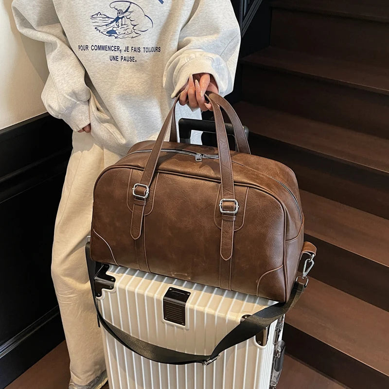 Weekender Duffel Bag Leather Multiple Compartments Adjustable Shoulder Strap