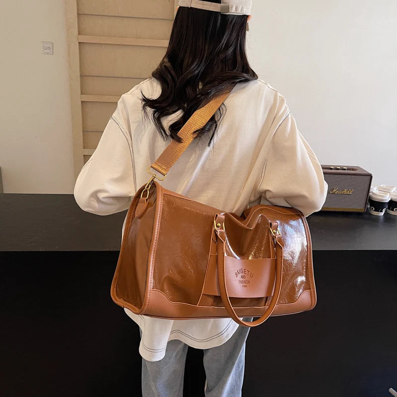 Weekender Duffel Bag Leather Multiple Pockets Detachable Shoulder Strap