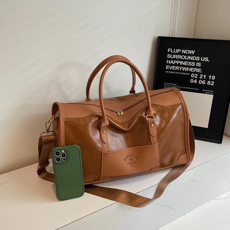 Weekender Duffel Bag Leather Multiple Pockets Detachable Shoulder Strap