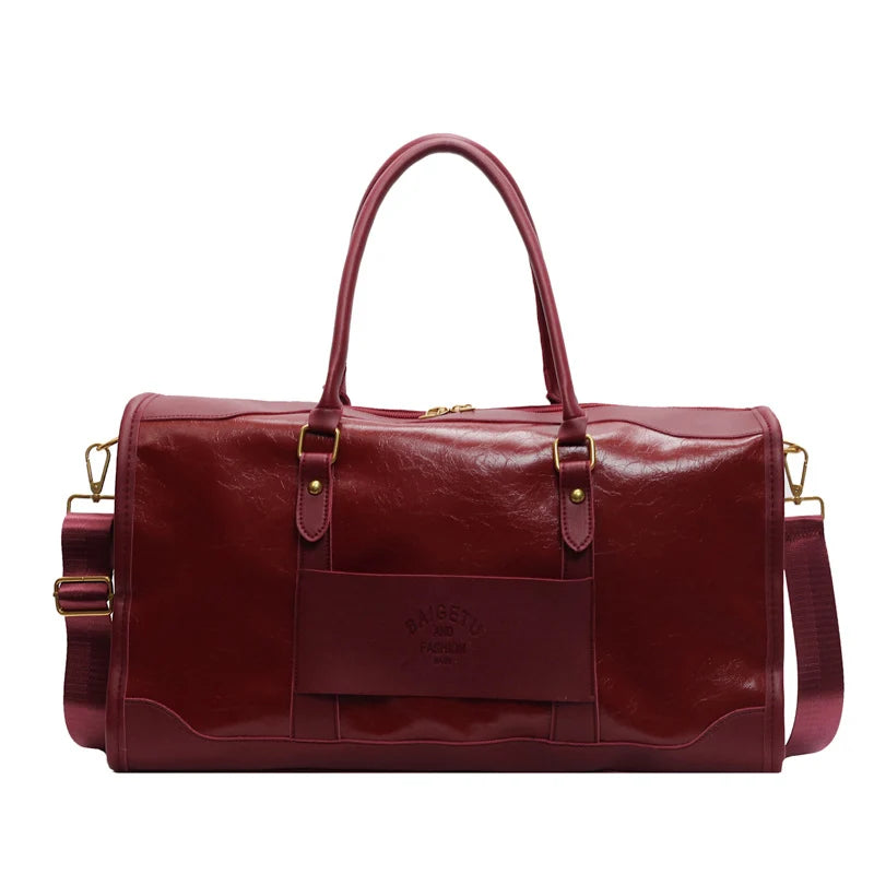 Weekender Duffel Bag Leather Multiple Pockets Detachable Shoulder Strap