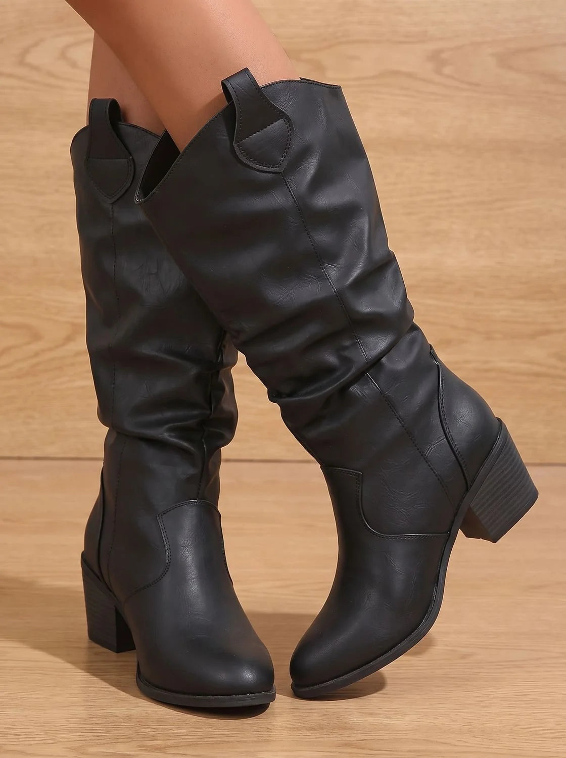 Western Boots Knee-High Wide-Calf Pull-On