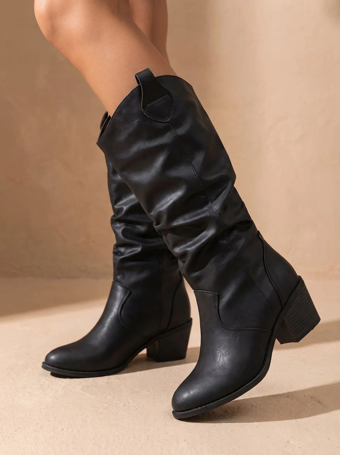 Western Boots Knee-High Wide-Calf Pull-On