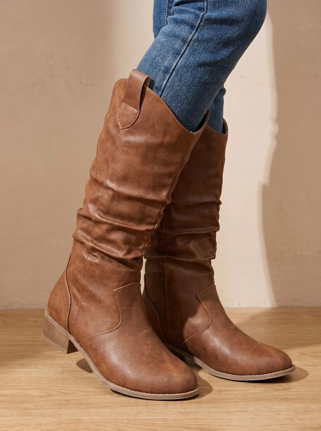 Western Boots Knee-High Wide-Calf Pull-On