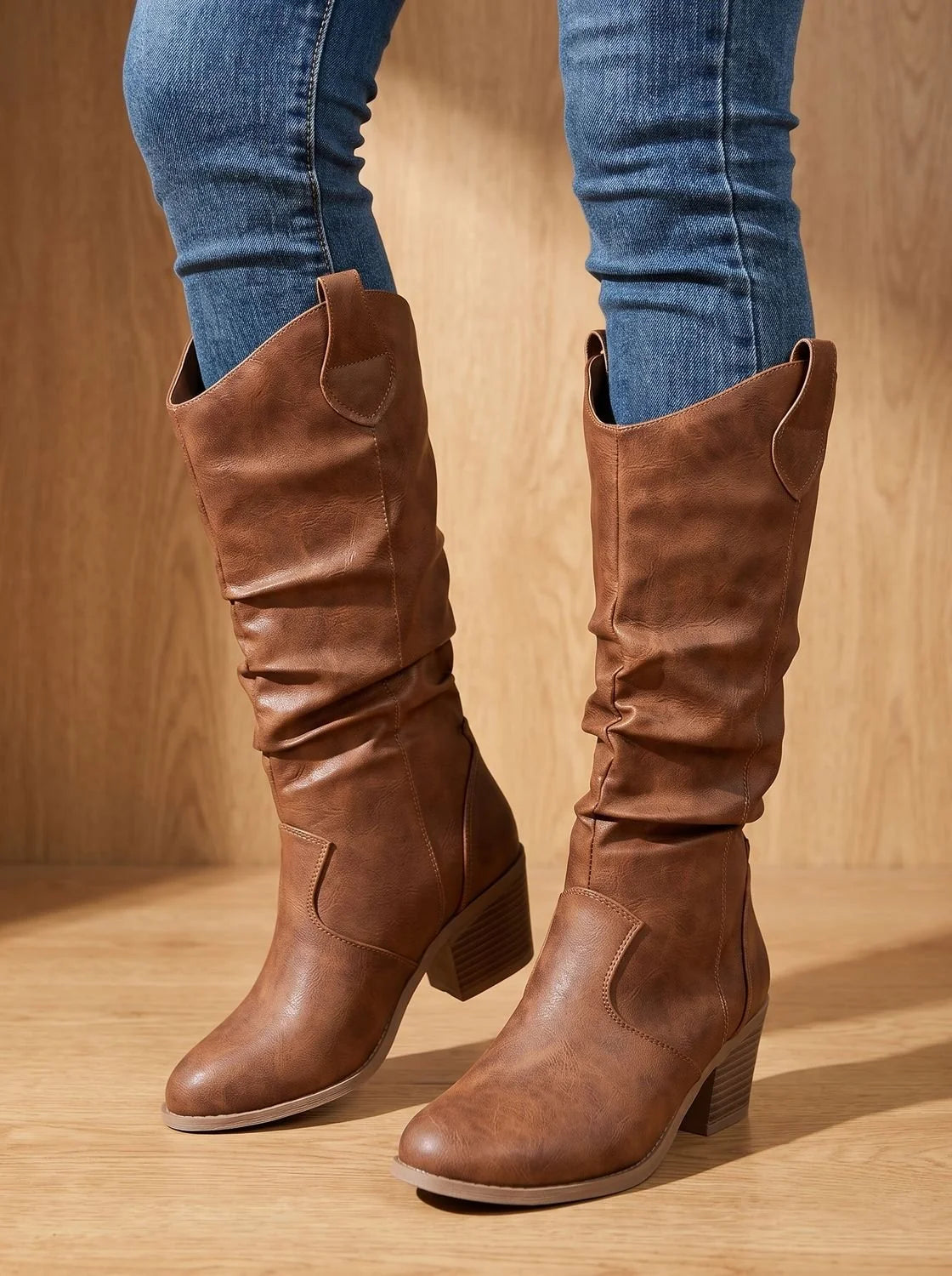 Western Boots Knee-High Wide-Calf Pull-On