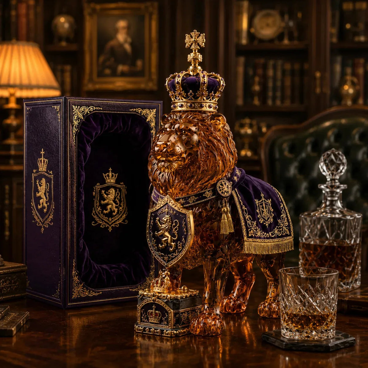 Whiskey Decanter Clear Glass Sculpted Lion Design