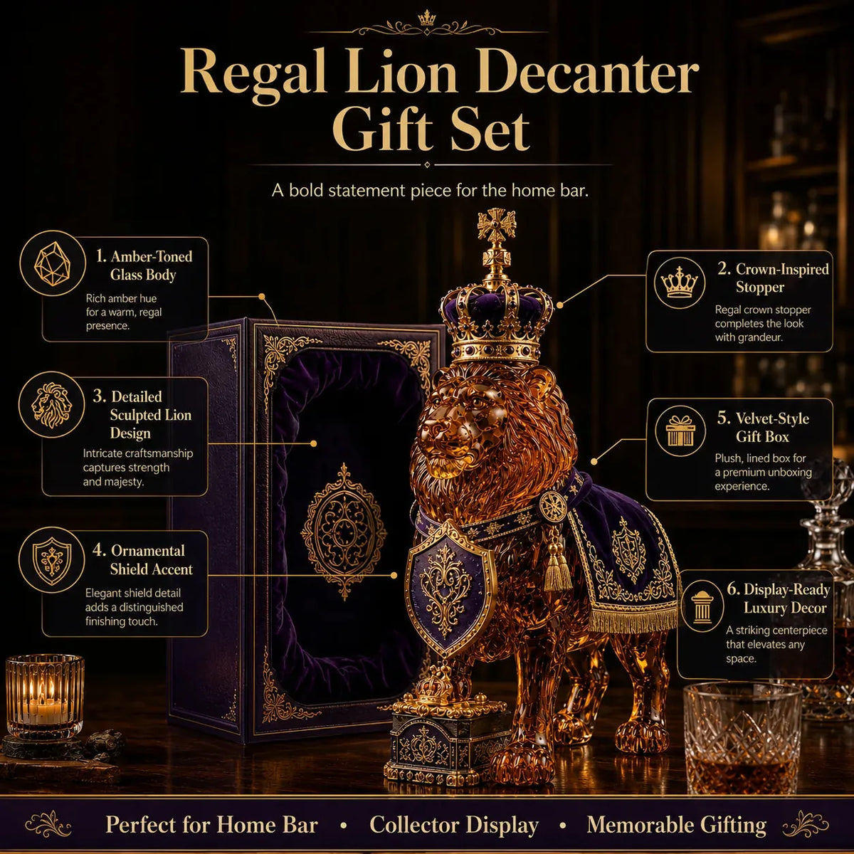 Whiskey Decanter Clear Glass Sculpted Lion Design