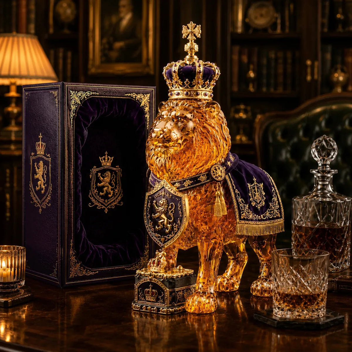 Whiskey Decanter Clear Glass Sculpted Lion Design