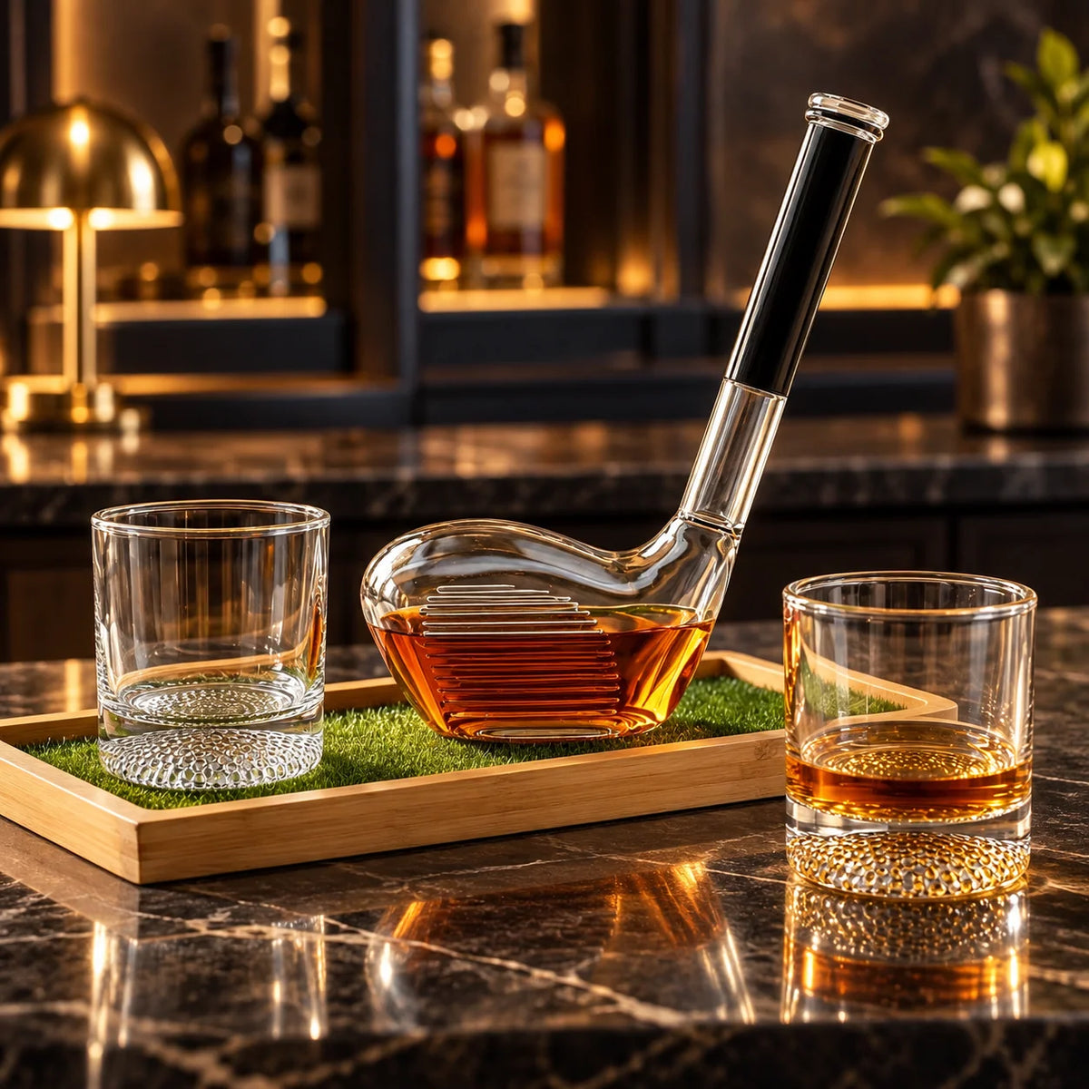 Whiskey Decanter Set Golf Design Lead-Free Crystal With Wooden Tray