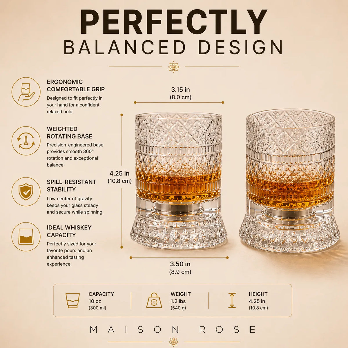 Whiskey Glass Lead-Free Crystal 360° Rotating Base Diamond-Cut Design