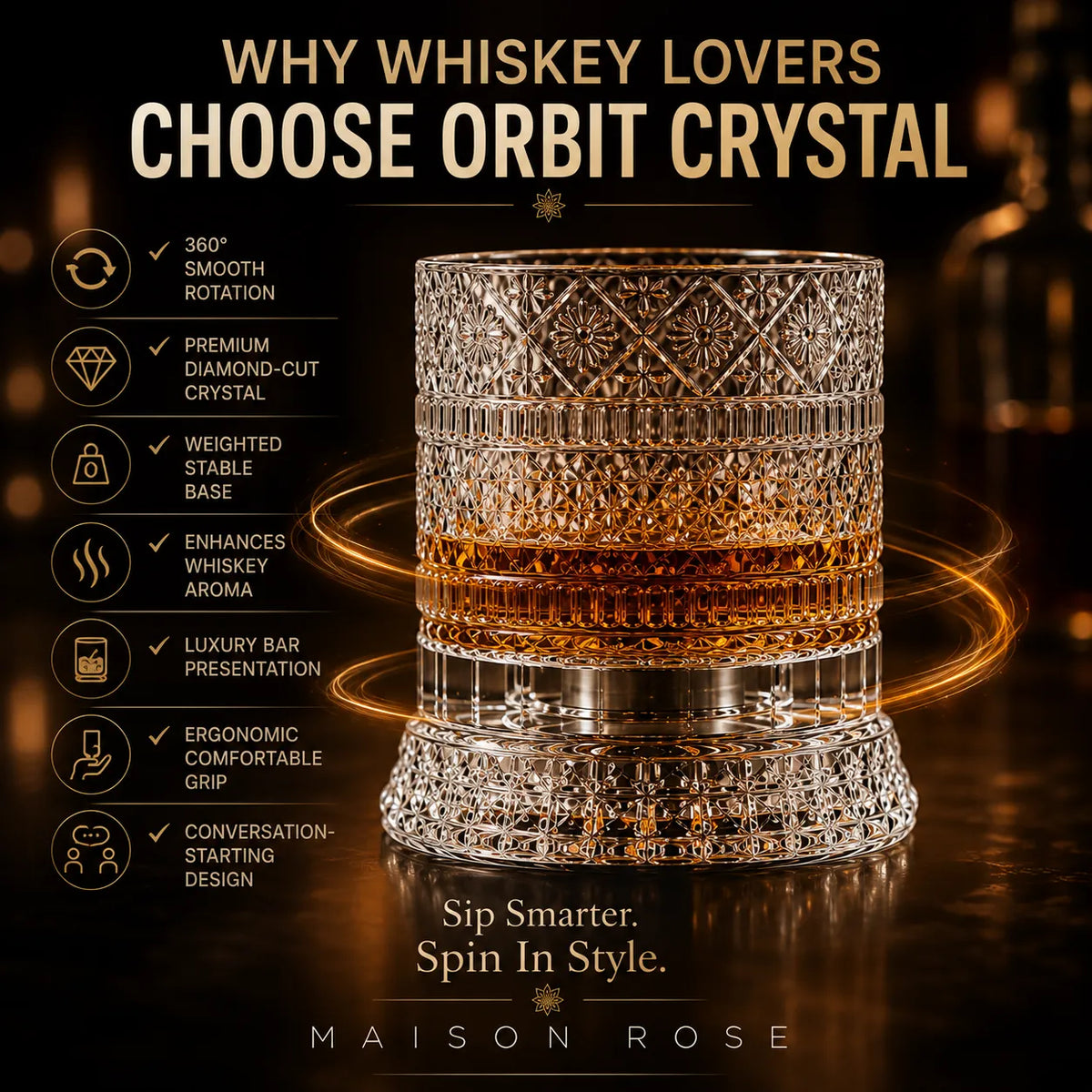 Whiskey Glass Lead-Free Crystal 360° Rotating Base Diamond-Cut Design