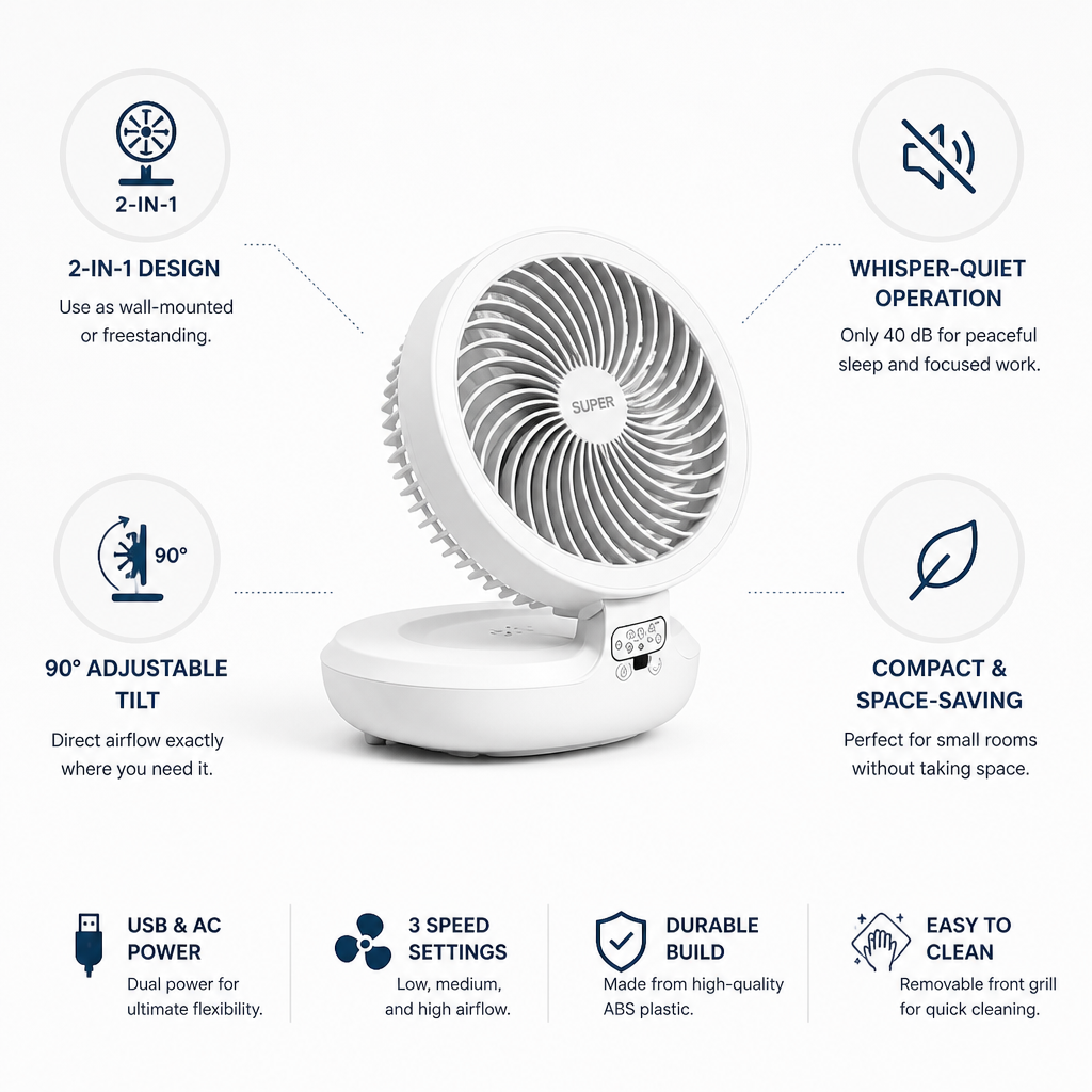 Whisper-Quiet USB & AC Fan (Wall-Mount & Freestanding)